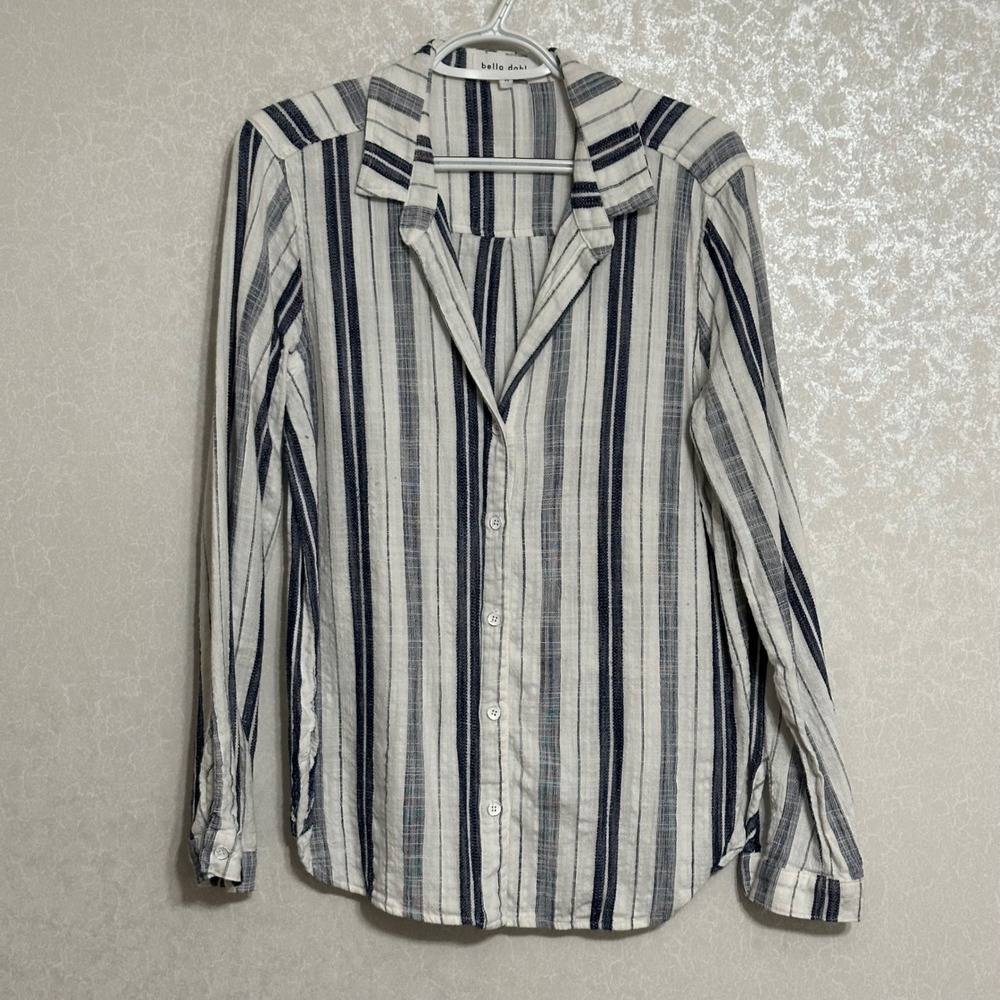 Bella Dahl Navy Blue White Striped Button Down Shirt Lightweight Cotton Rayon M